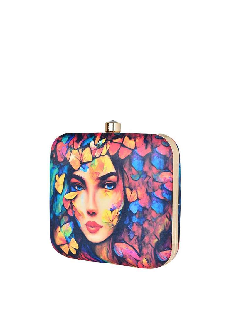 Blue Fabric Blue And Pink Printed Box Clutch - Indya