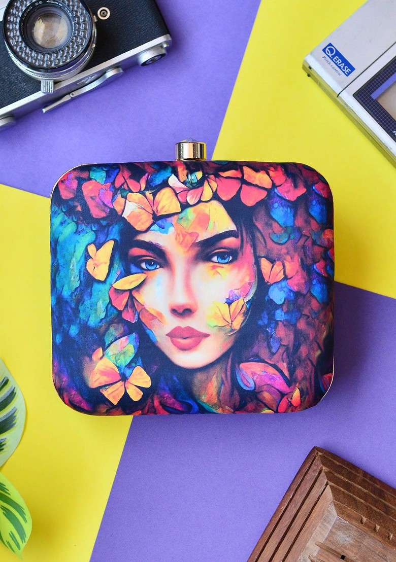 Blue Fabric Blue And Pink Printed Box Clutch - Indya