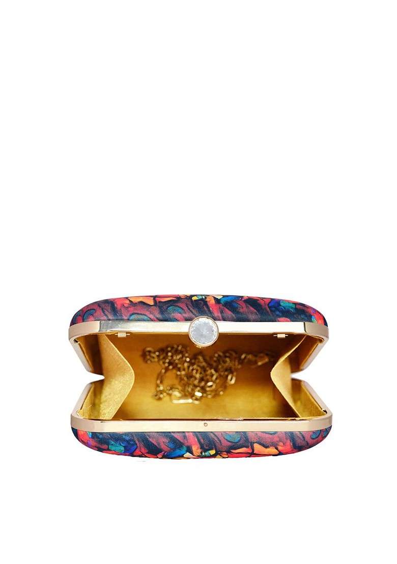 Blue Fabric Blue And Pink Printed Box Clutch - Indya
