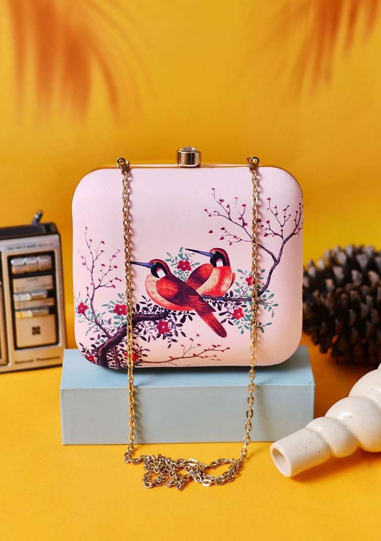 Pink Fabric Pink And Blue Printed Box Clutch - Indya