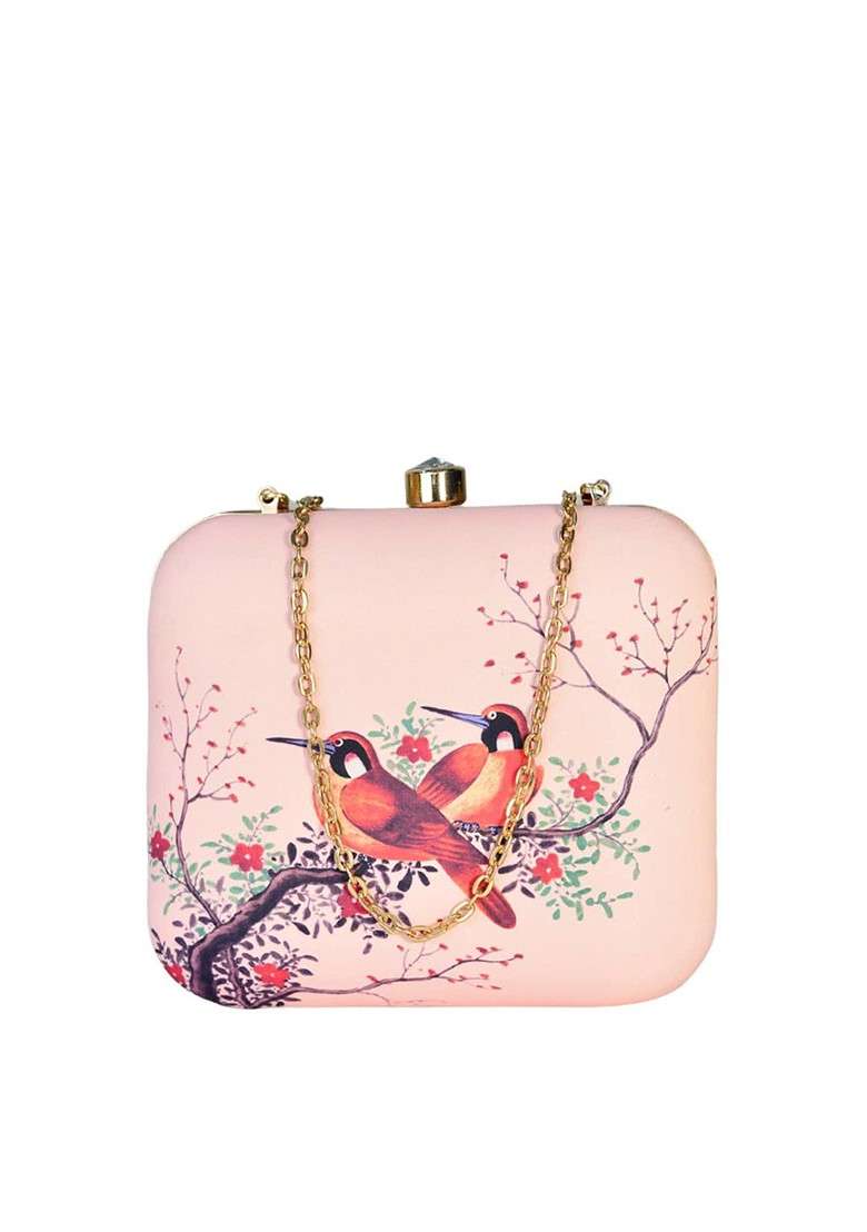 Pink Fabric Pink And Blue Printed Box Clutch - Indya