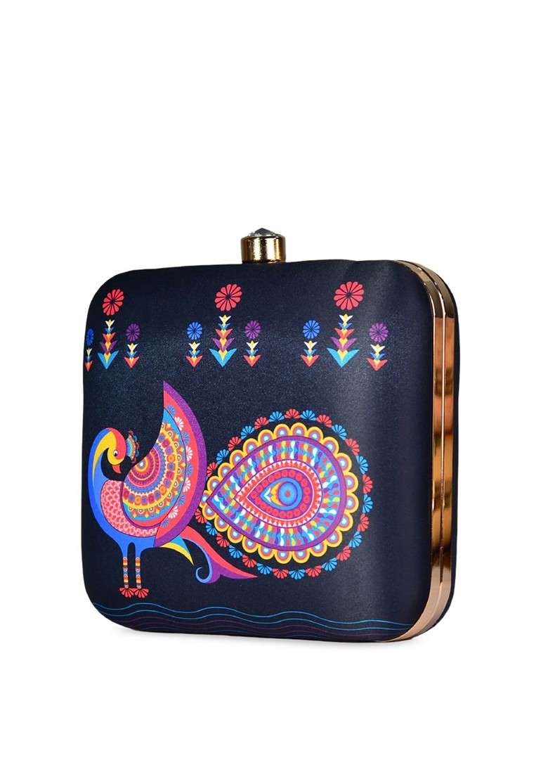 Navy Blue Fabric Navy Blue And Pink Printed Box Clutch - Indya