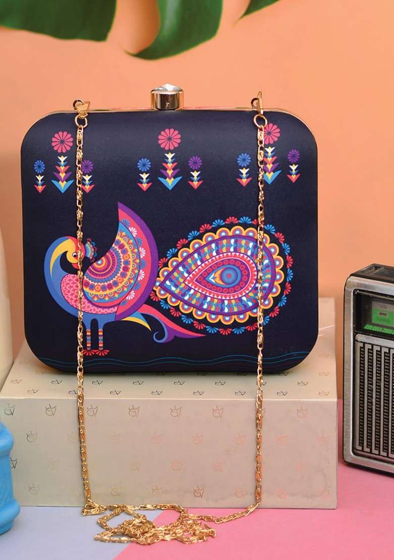 Navy Blue Fabric Navy Blue And Pink Printed Box Clutch - Indya