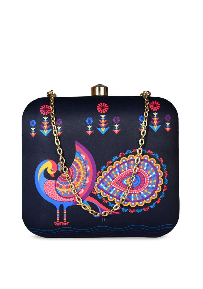 Navy Blue Fabric Navy Blue And Pink Printed Box Clutch - Indya