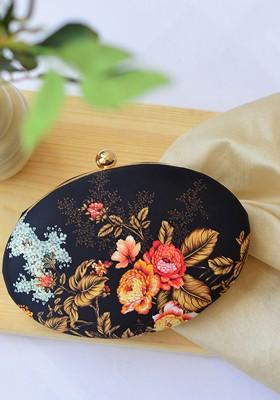 Black Fabric Black And Orange Floral Printed Half Moon Clutch