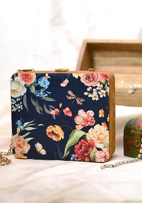 Black Fabric Black And Pink Printed Box Clutch