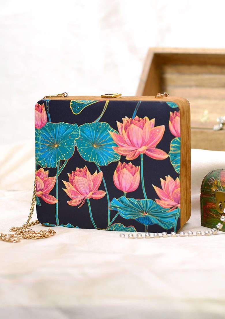 Navy Blue Fabric Women Navy Blue And Pink Printed Box Clutch - Indya