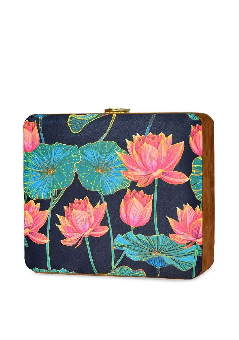 Navy Blue Fabric Women Navy Blue And Pink Printed Box Clutch - Indya