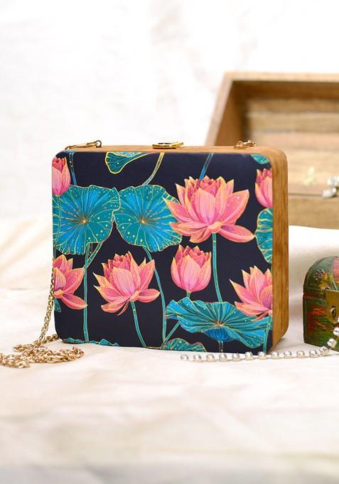 Navy Blue Fabric Women Navy Blue And Pink Printed Box Clutch