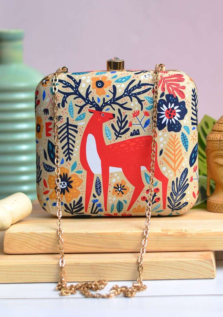 Red Fabric Red And Blue Printed Box Clutch - Indya