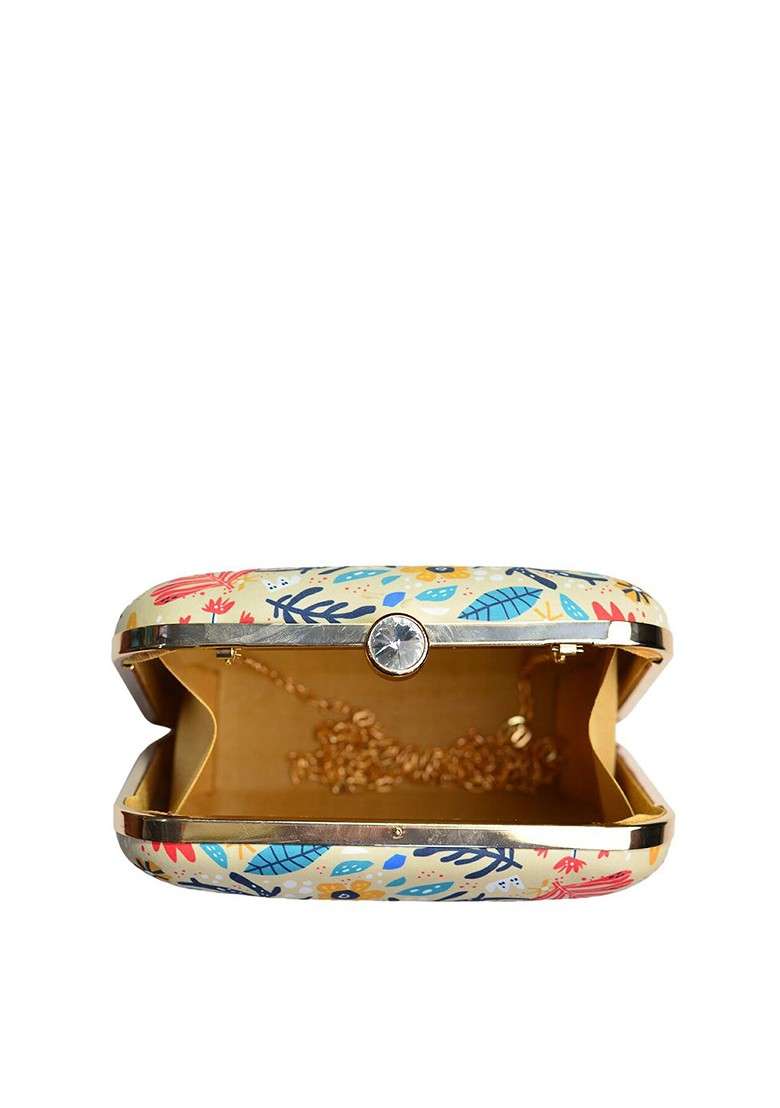 Red Fabric Red And Blue Printed Box Clutch - Indya