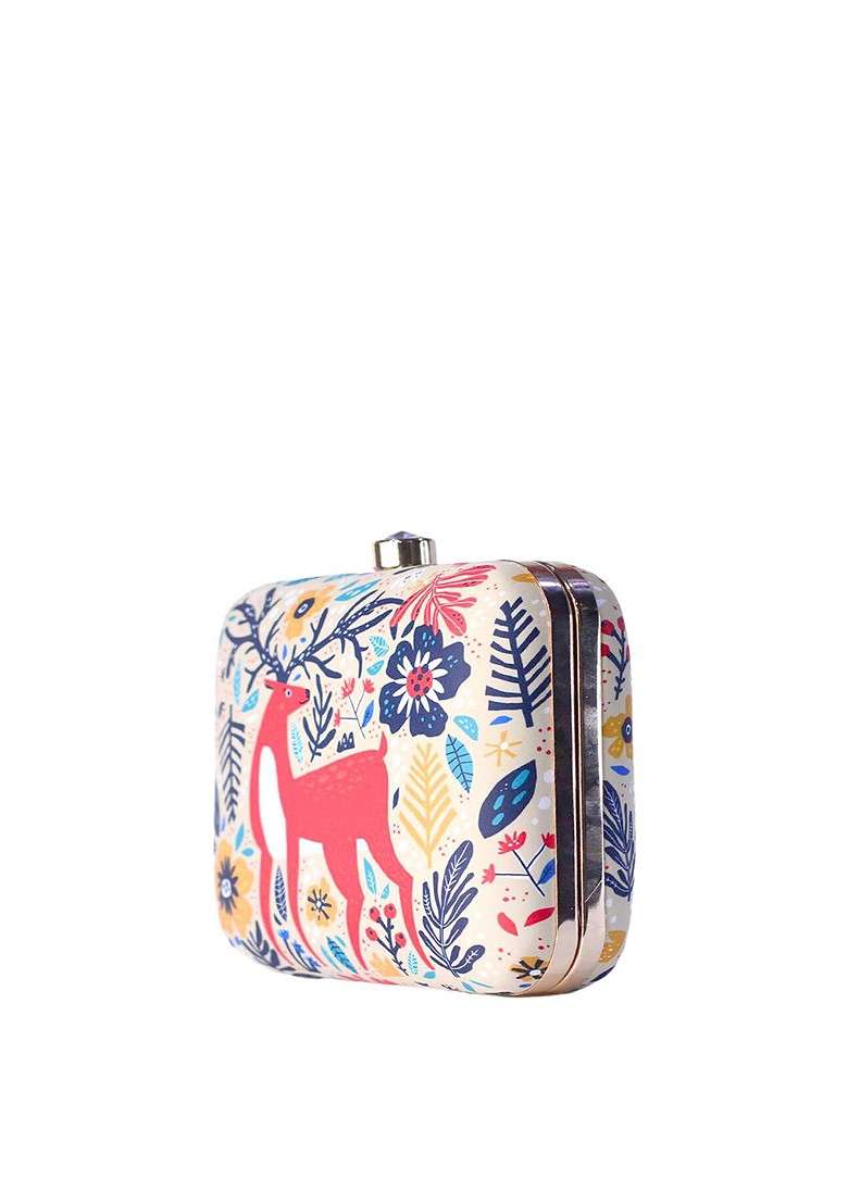 Red Fabric Red And Blue Printed Box Clutch - Indya