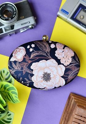 Navy Blue Fabric Navy Blue And Brown Floral Printed Box Clutch