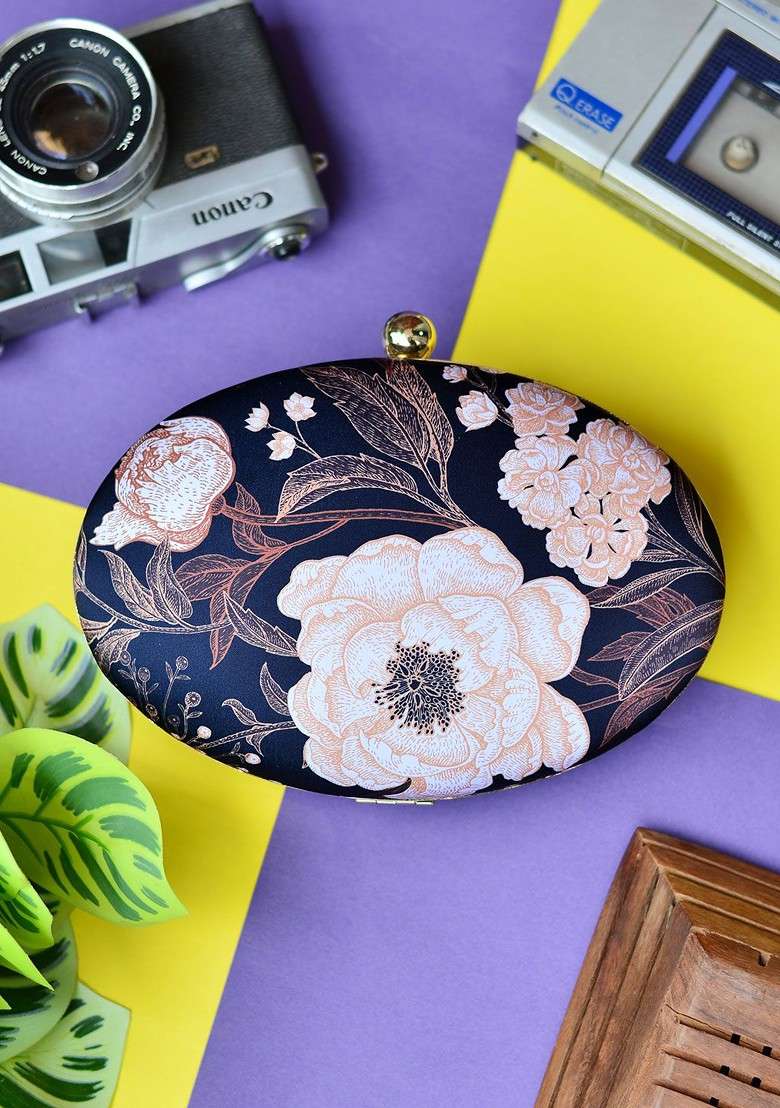Navy Blue Fabric Navy Blue And Brown Floral Printed Box Clutch - Indya