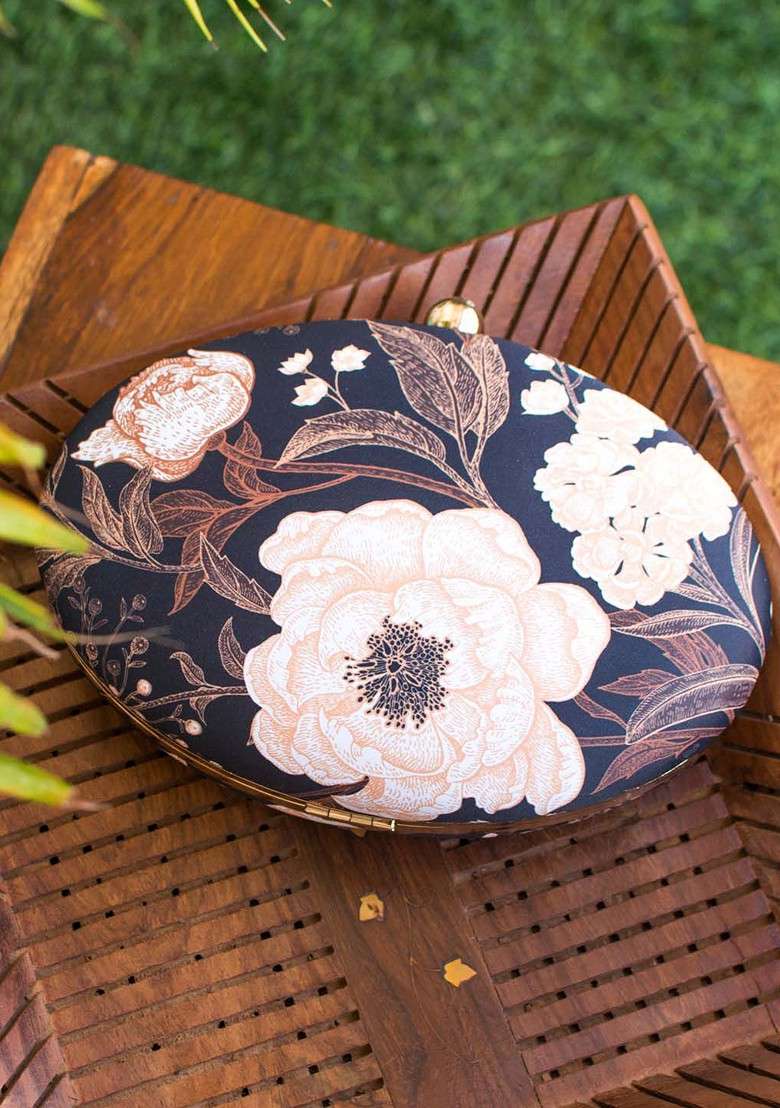 Navy Blue Fabric Navy Blue And Brown Floral Printed Box Clutch - Indya