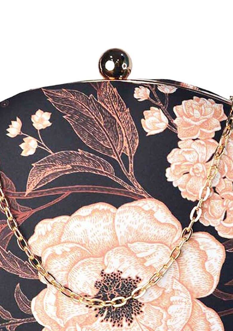 Navy Blue Fabric Navy Blue And Brown Floral Printed Box Clutch - Indya