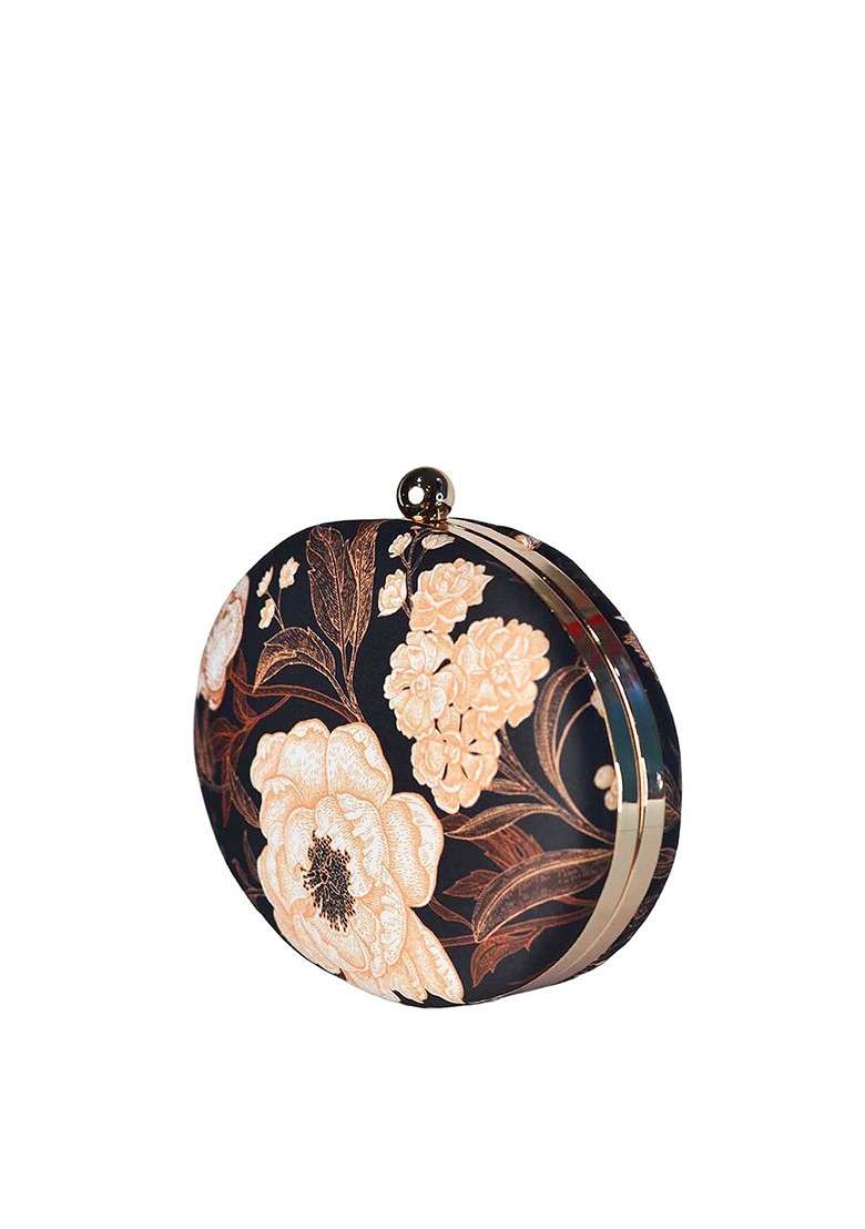 Navy Blue Fabric Navy Blue And Brown Floral Printed Box Clutch - Indya