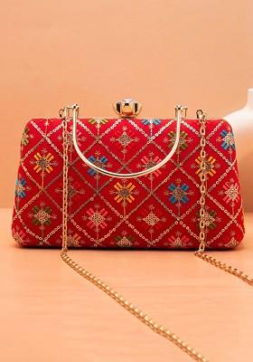 Red Satin Floral Embroidered Sequinned Box Clutch