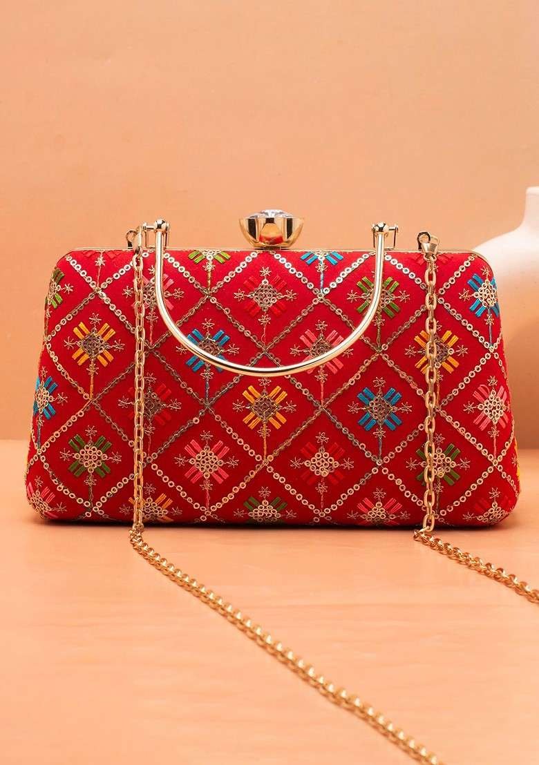 Red Satin Floral Embroidered Sequinned Box Clutch - Indya