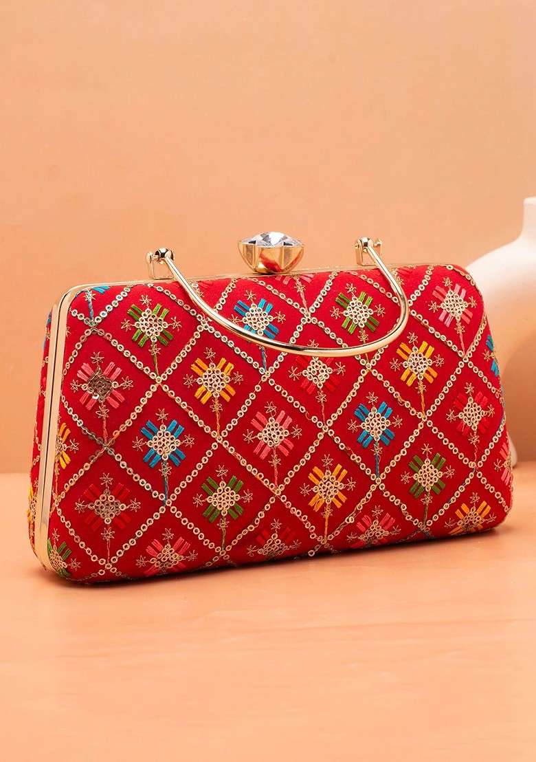 Red Satin Floral Embroidered Sequinned Box Clutch - Indya