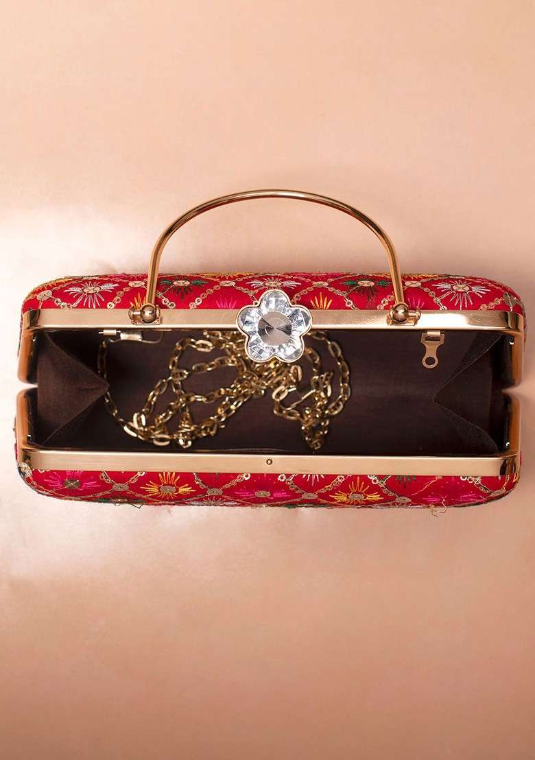 Red Satin Floral Embroidered Sequinned Box Clutch - Indya