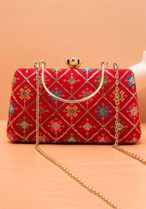 Red Satin Floral Embroidered Sequinned Box Clutch