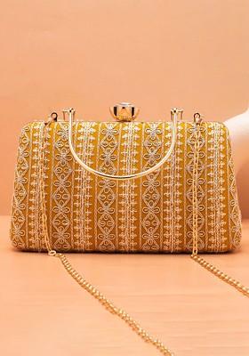 Mustard Satin Embroidered Box Clutch