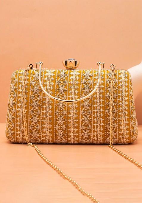 Mustard Satin Embroidered Box Clutch