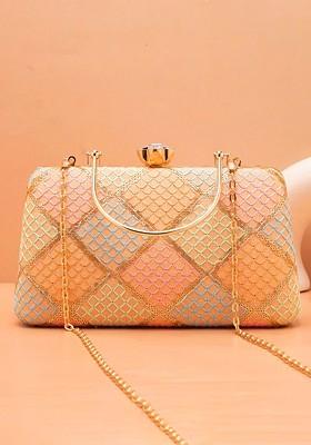 Beige Satin Embroidered Box Clutch