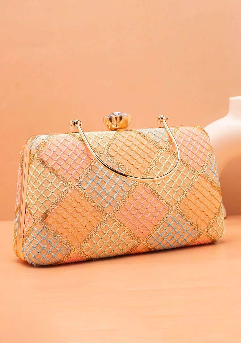 Beige Satin Embroidered Box Clutch - Indya