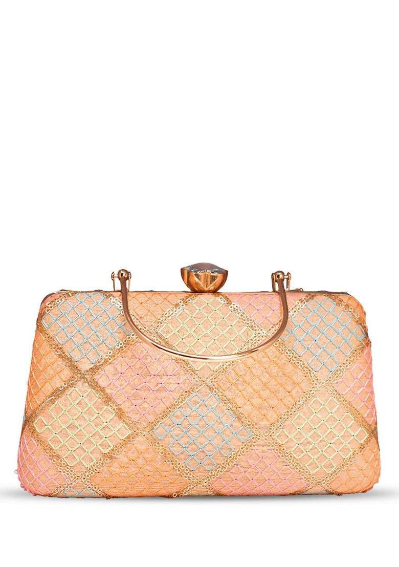 Beige Satin Embroidered Box Clutch - Indya
