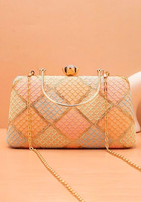 Beige Satin Embroidered Box Clutch