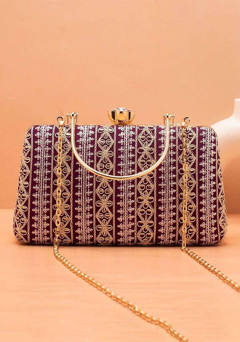 Purple Satin Floral Embroidered Box Clutch - Indya