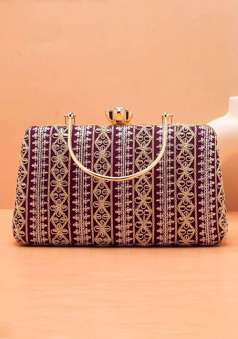 Purple Satin Floral Embroidered Box Clutch - Indya