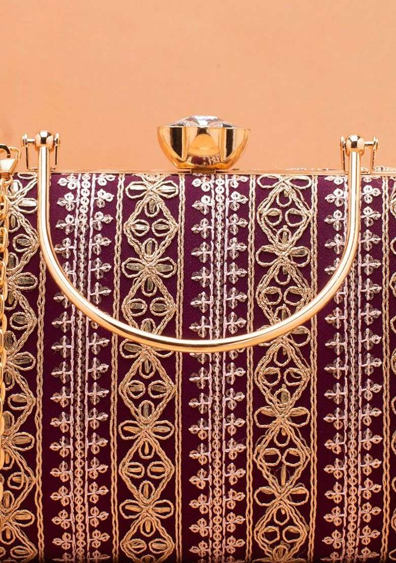 Purple Satin Floral Embroidered Box Clutch - Indya