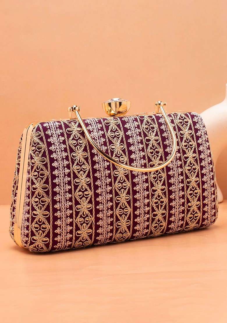 Purple Satin Floral Embroidered Box Clutch - Indya