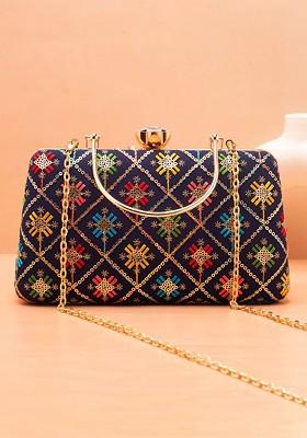 Blue Satin Floral Embroidered Sequinned Box Clutch