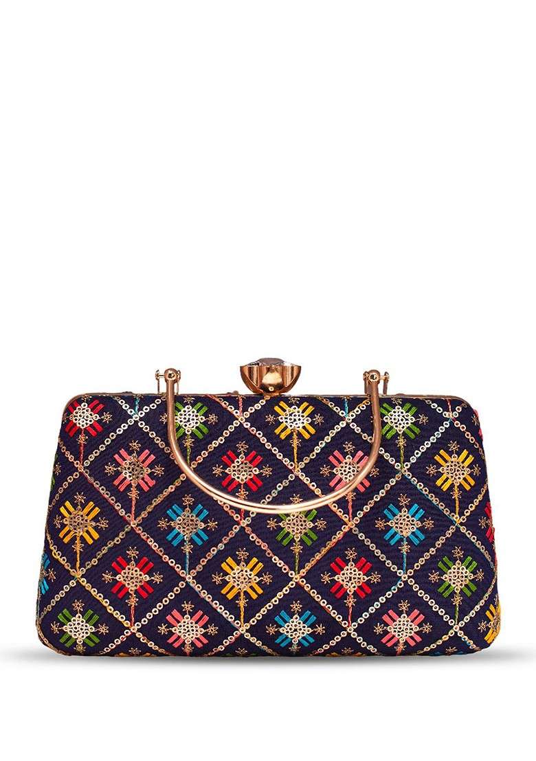 Blue Satin Floral Embroidered Sequinned Box Clutch - Indya