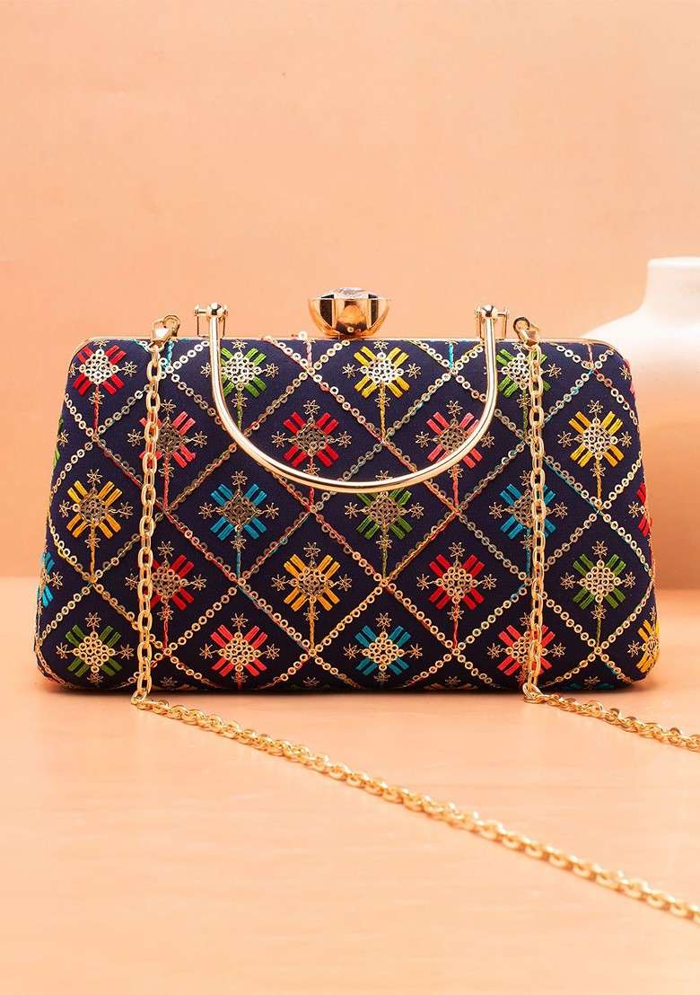 Blue Satin Floral Embroidered Sequinned Box Clutch - Indya