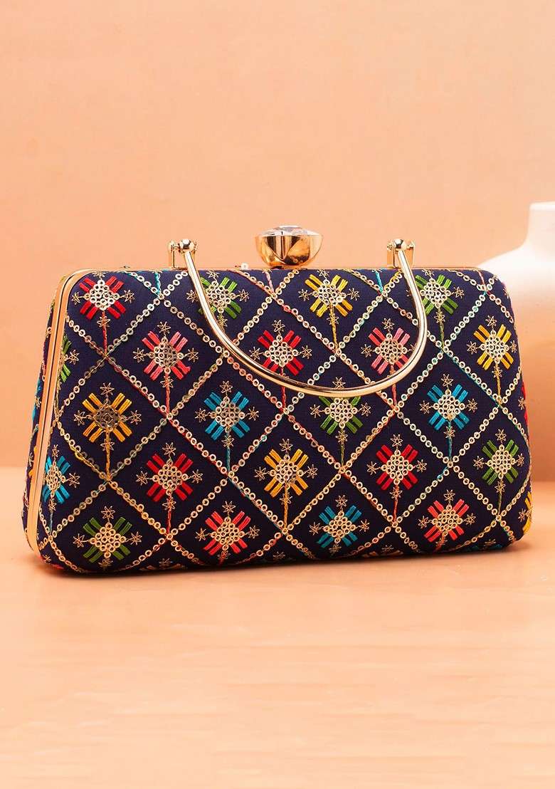 Blue Satin Floral Embroidered Sequinned Box Clutch - Indya