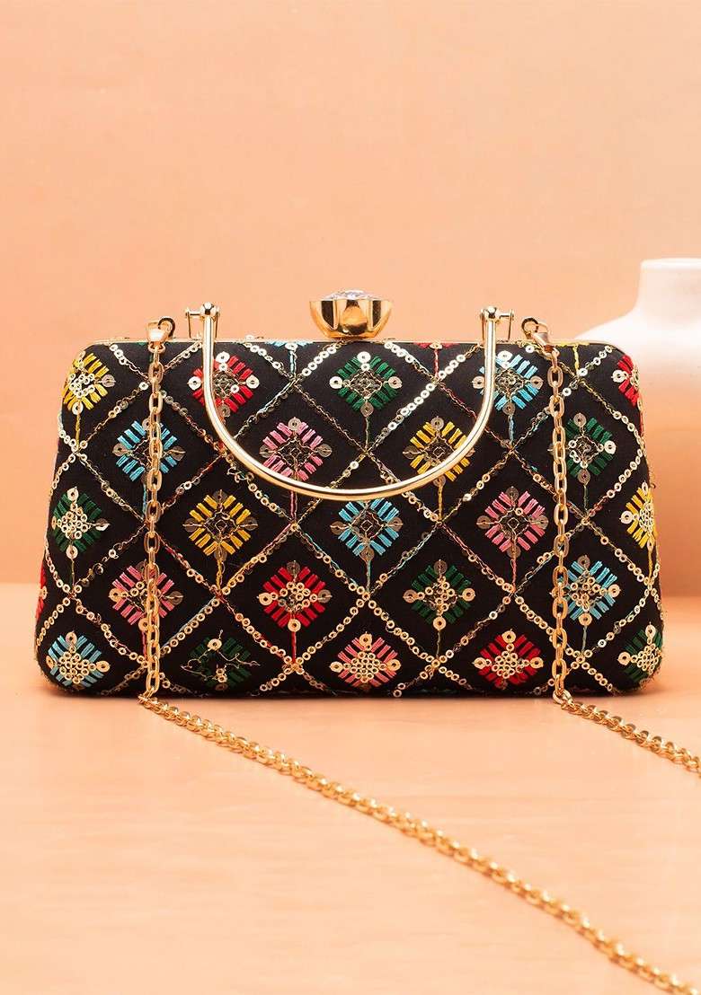Black Satin Embroidered Box Clutch - Indya