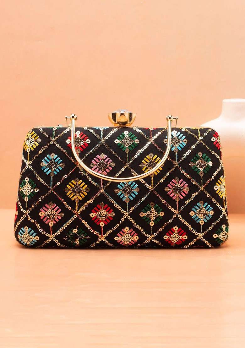 Black Satin Embroidered Box Clutch - Indya
