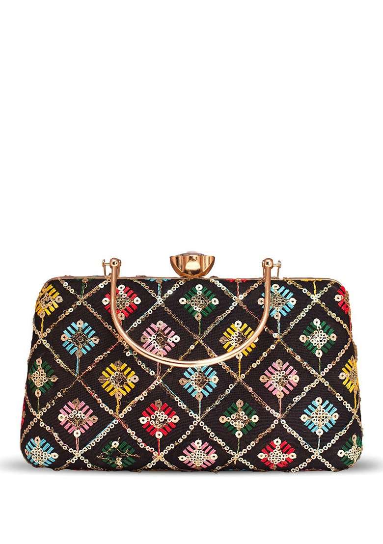Black Satin Embroidered Box Clutch - Indya