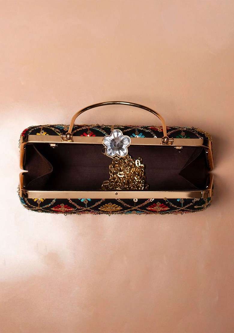 Black Satin Embroidered Box Clutch - Indya