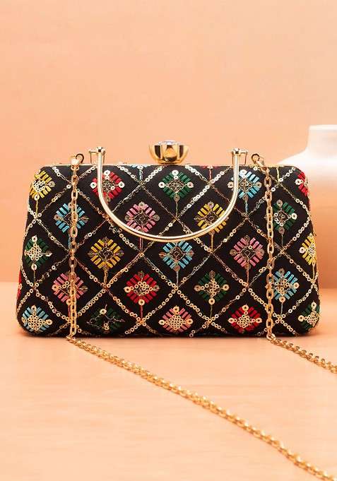 Black Satin Embroidered Box Clutch