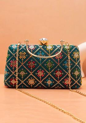 Teal Satin Floral Embroidered Sequinned Box Clutch