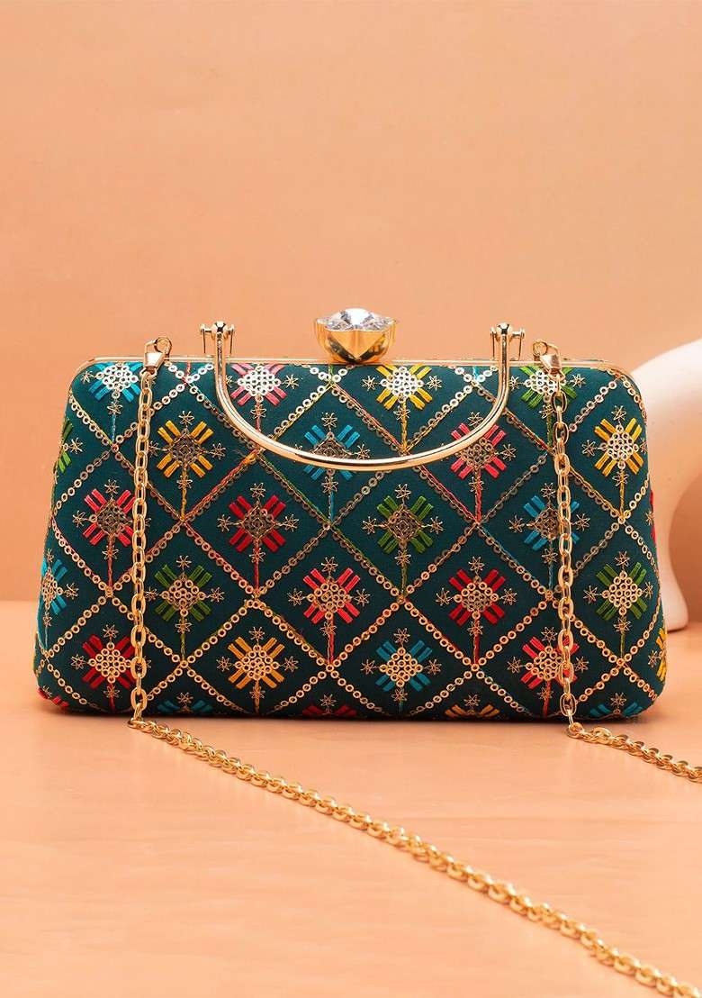 Teal Satin Floral Embroidered Sequinned Box Clutch - Indya