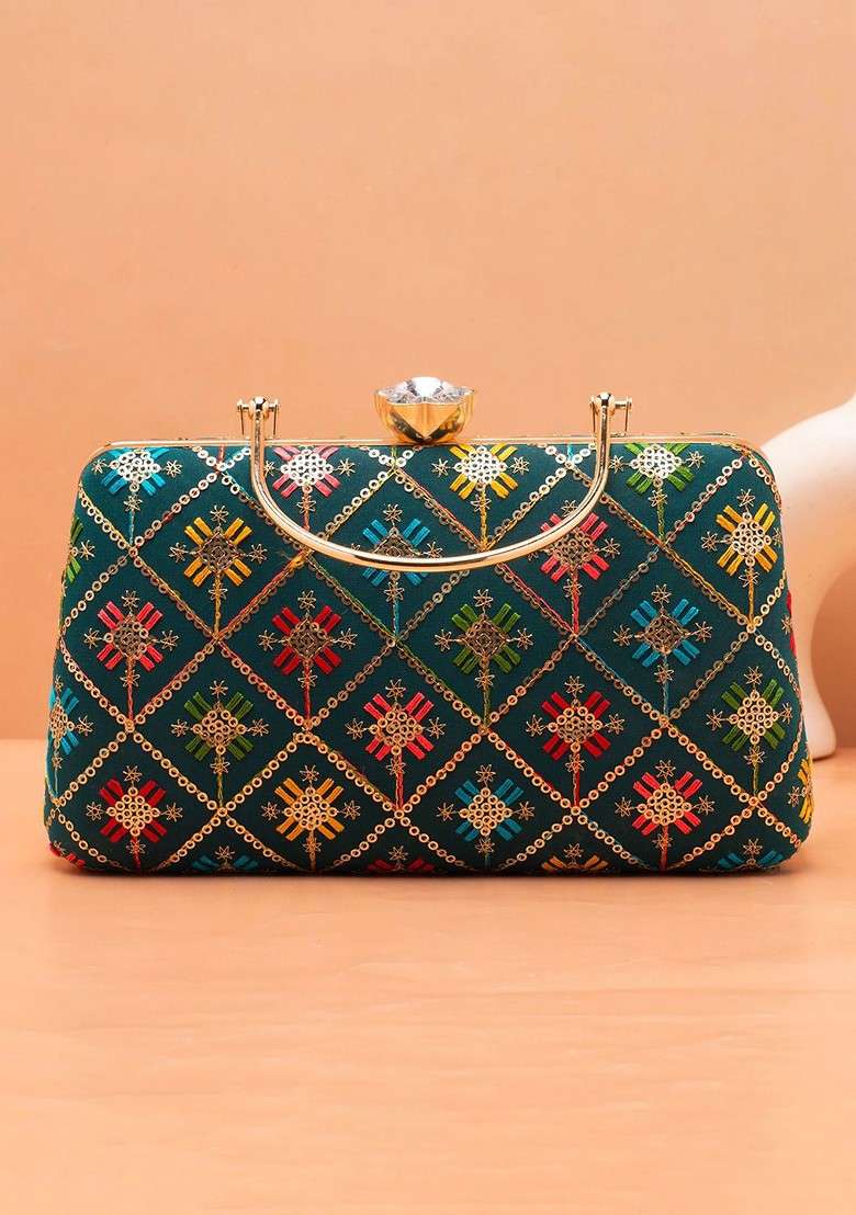Teal Satin Floral Embroidered Sequinned Box Clutch - Indya