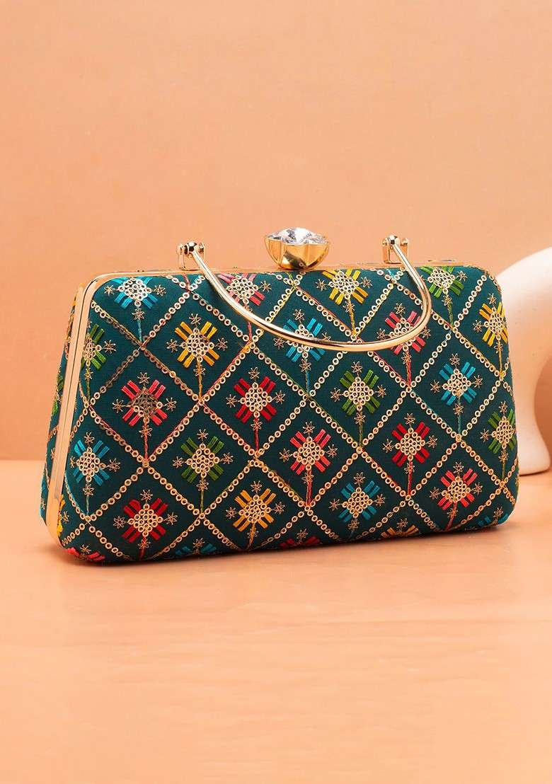 Teal Satin Floral Embroidered Sequinned Box Clutch - Indya