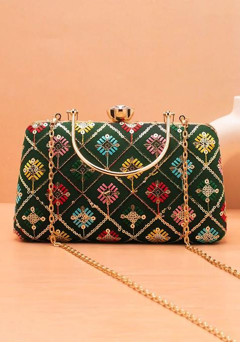 Green Satin Embroidered Box Clutch